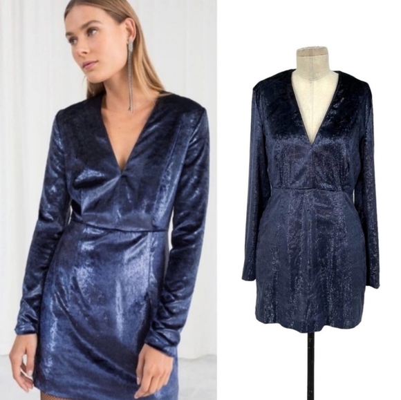 & other stories navy blue petrol swirl midi side split event occasion dress small UK 8 new bnwt main image 1
